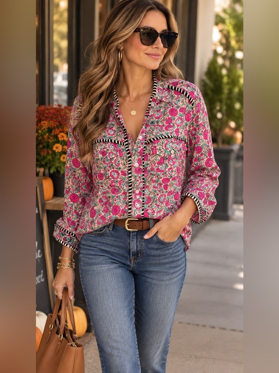 NATURAL LIFE Tops - Natural Life Small Pink Floral Button Down Shirt Boho Cottagecore Contrast Trim